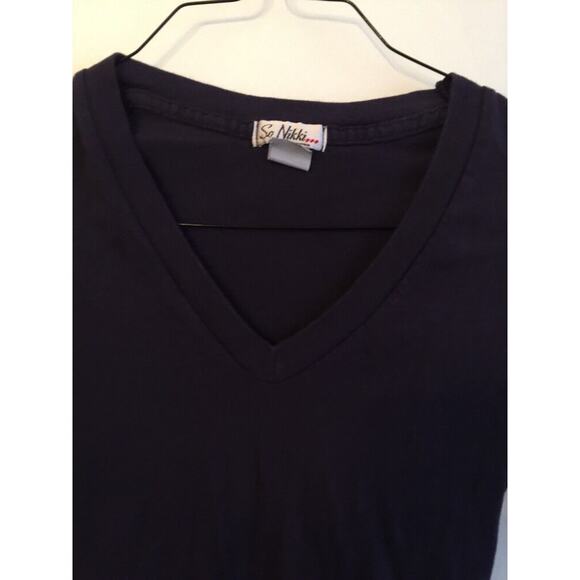 S (7/8) So Nikki Navy Blue Long Sleeve V-Neck Tshirt with Plaid Patch - Picture 3 of 6